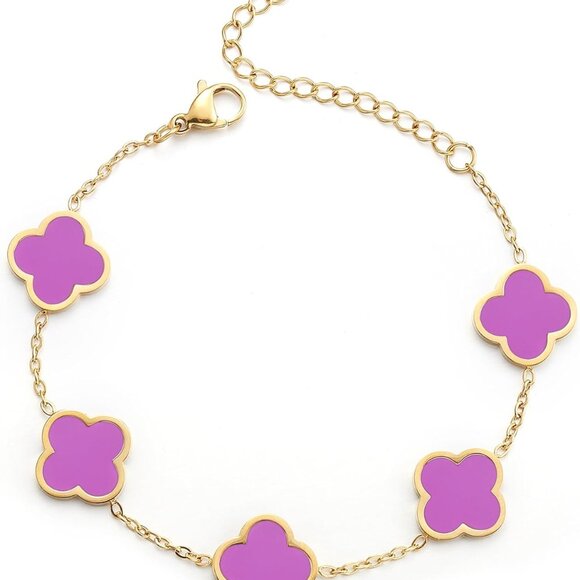 18K Gold Plated Clover Lucky Bracelet for Women White/Black/Red/Green Flower Fou - Picture 1 of 7